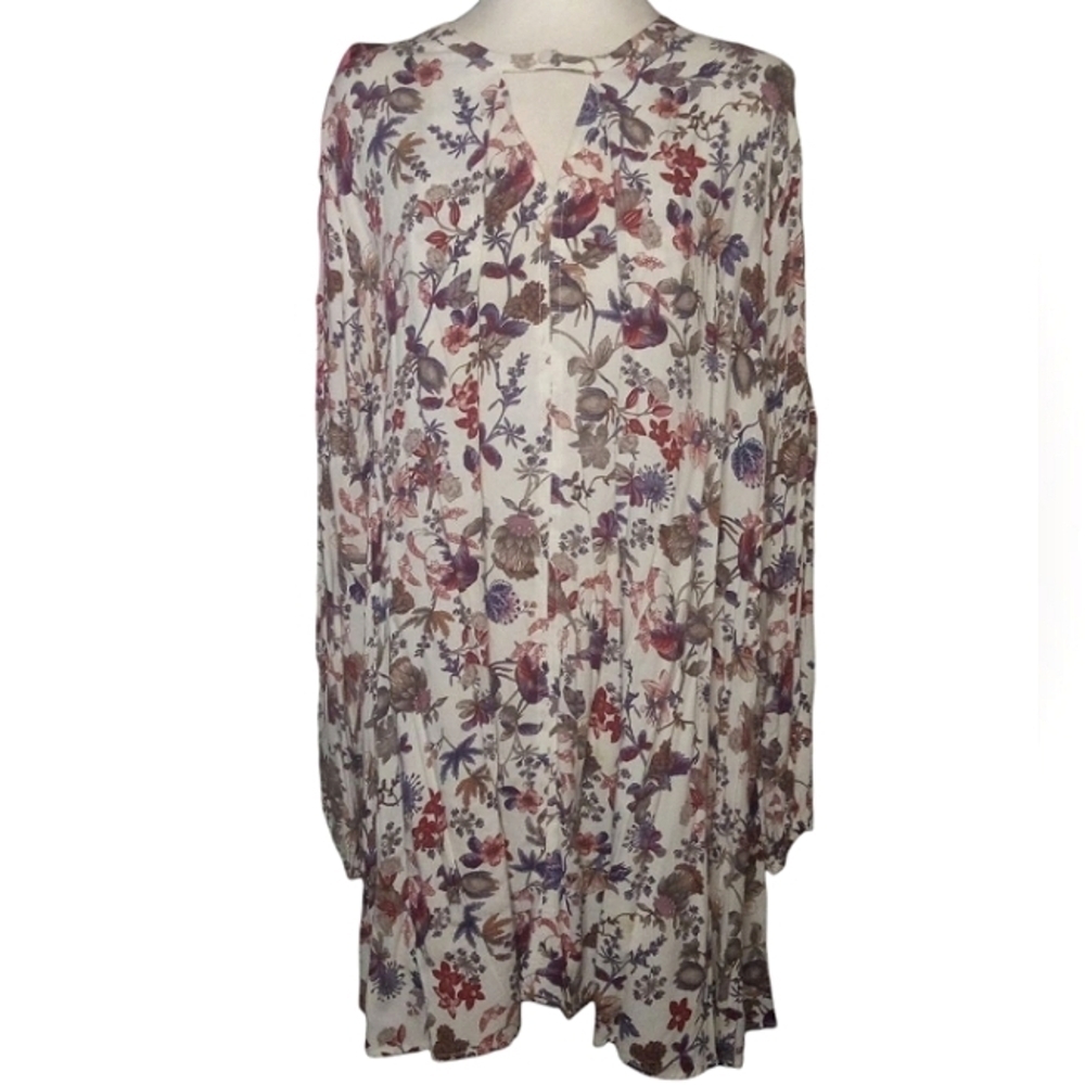 Umgee Floral Print Pleat Front Cotton Blend Peasant Sleeve Mini Dress Large